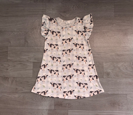 Baby Girls Flutter Sleeve Blue Checked Cows Farm Knee Length Dresses Preorder