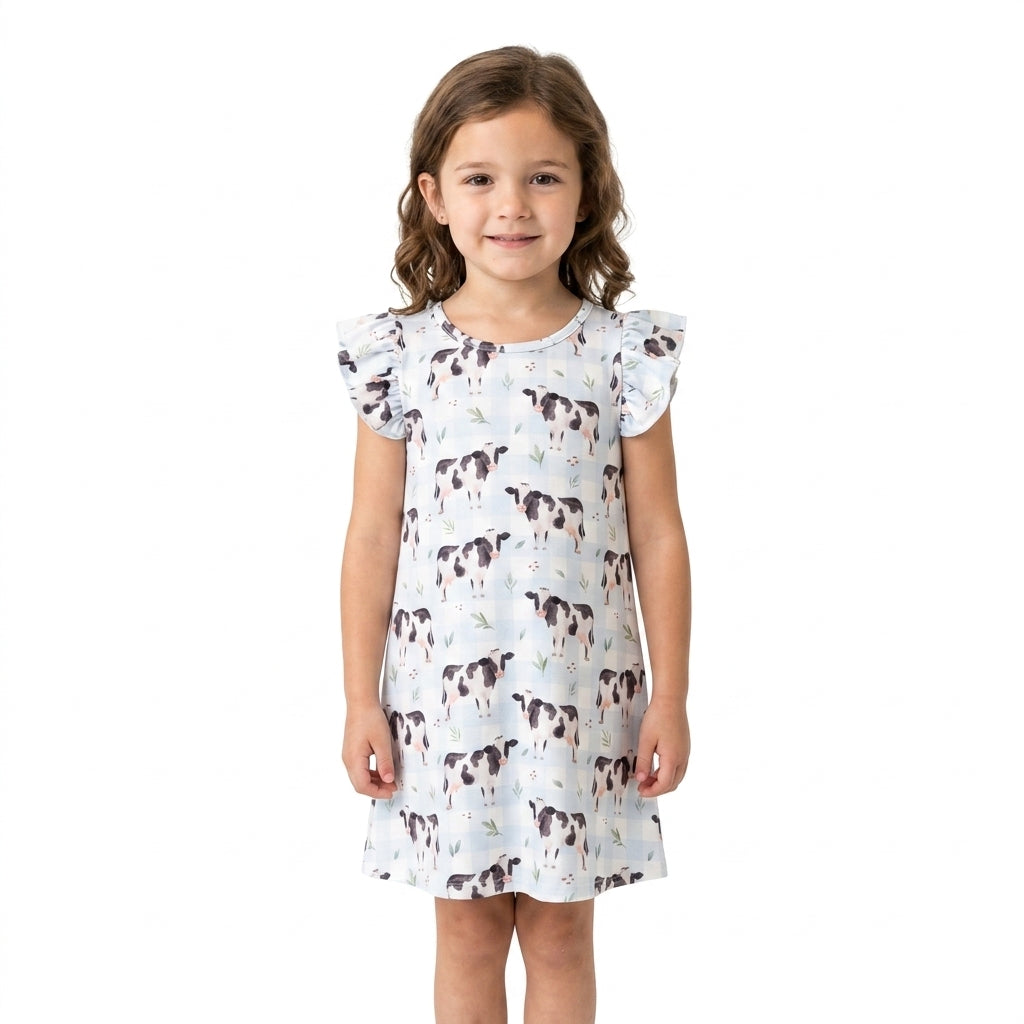 Baby Girls Flutter Sleeve Blue Checked Cows Farm Knee Length Dresses