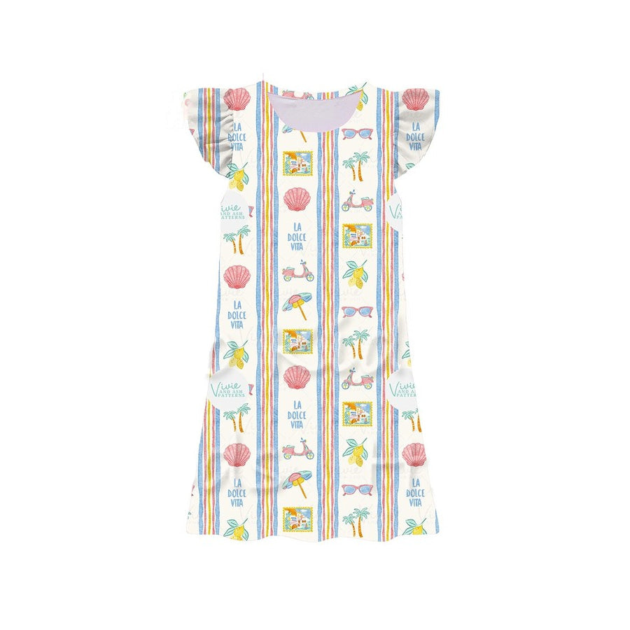 Baby Girls Flutter Sleeve Colorful Stripe Beach Knee Length Dresses Preorder