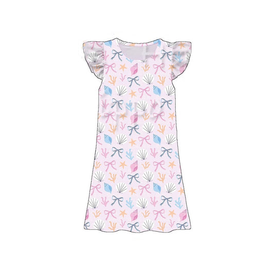 Baby Girls Flutter Sleeve Colorful Bows Shells Knee Length Dresses Preorder