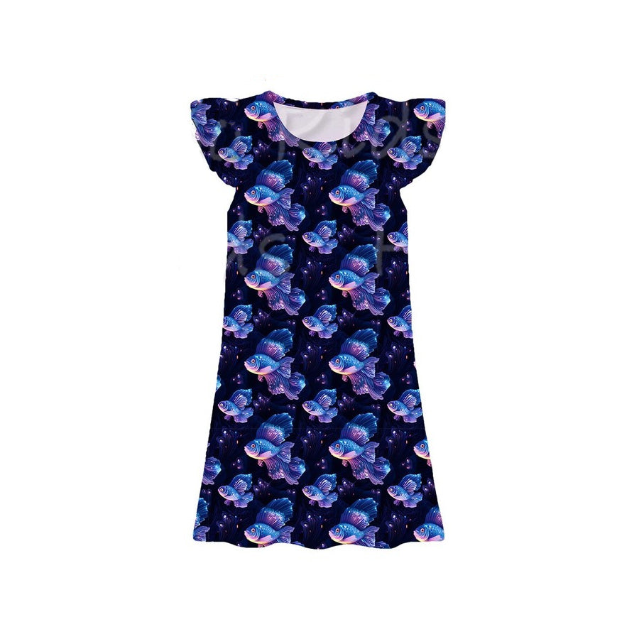 Baby Girls Flutter Sleeve Flowers Fishes Plaid Knee Length Dresses Preorder