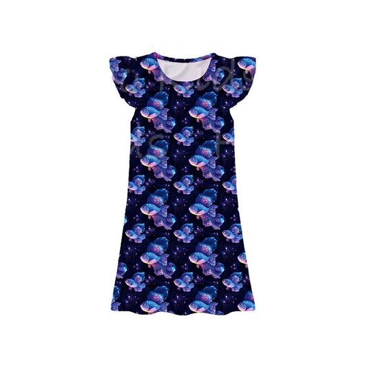 Baby Girls Flutter Sleeve Flowers Fishes Plaid Knee Length Dresses Preorder