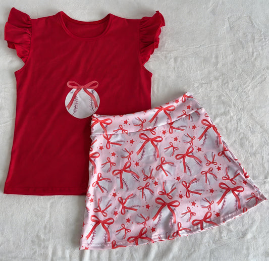 Baby Girls Red Flutter Sleeve Bow Baseballs Top Skirt Shorts Team Clothes Set Preorder