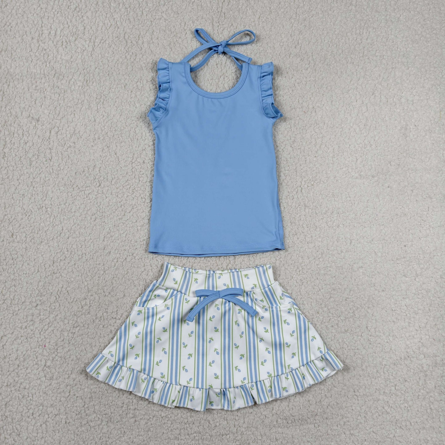 Baby Girls Blue Sleeveless Top Flowers Skirt Shorts Yoga Active Clothes Set