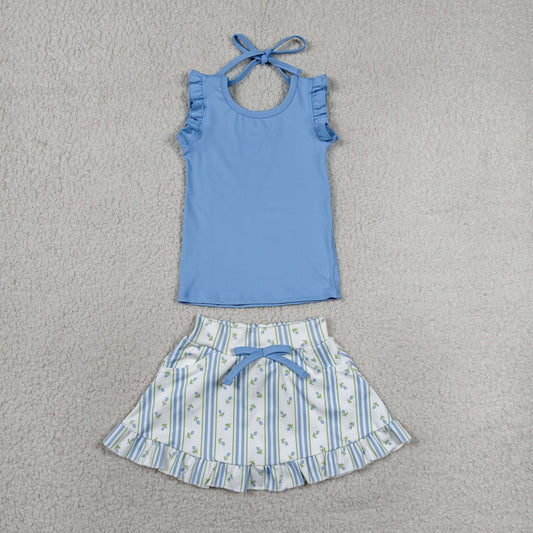 Baby Girls Blue Sleeveless Top Flowers Skirt Shorts Yoga Active Clothes Set