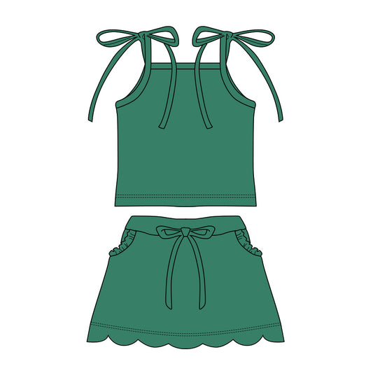 Baby Girls Green Strap Top Scallop Pockets Skirt Shorts Clothes Set Preorder