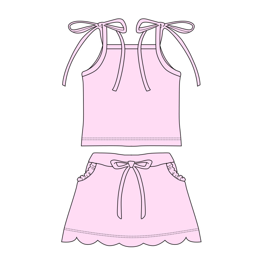 Baby Girls Light Pink Strap Top Scallop Pockets Skirt Shorts Clothes Set Preorder