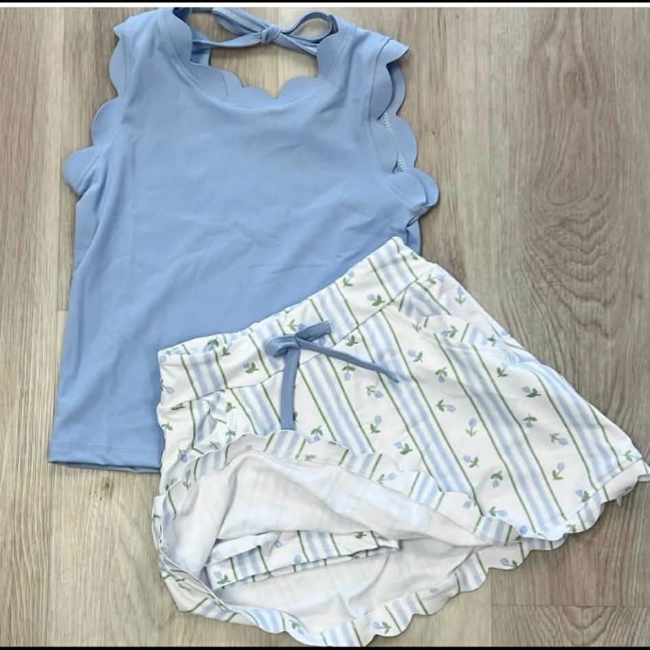 Baby Girls Sleeveless Top Flowers Stripe Skirt Shorts Yoga Active Clothes Set Preorder