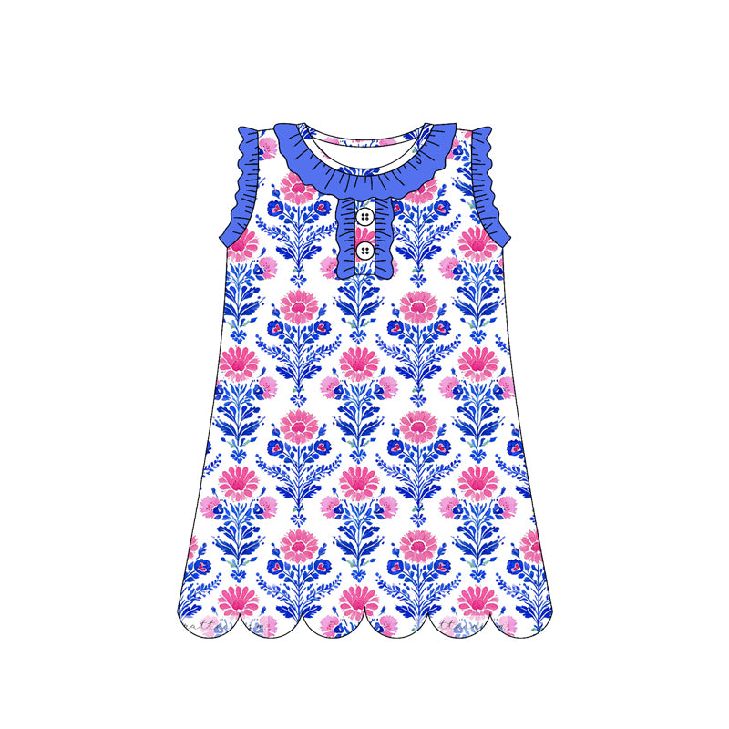 Baby Girls Sleeveless Colorful Flowers Button Knee Length Dresses Preorder