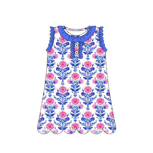 Baby Girls Sleeveless Colorful Flowers Button Knee Length Dresses Preorder