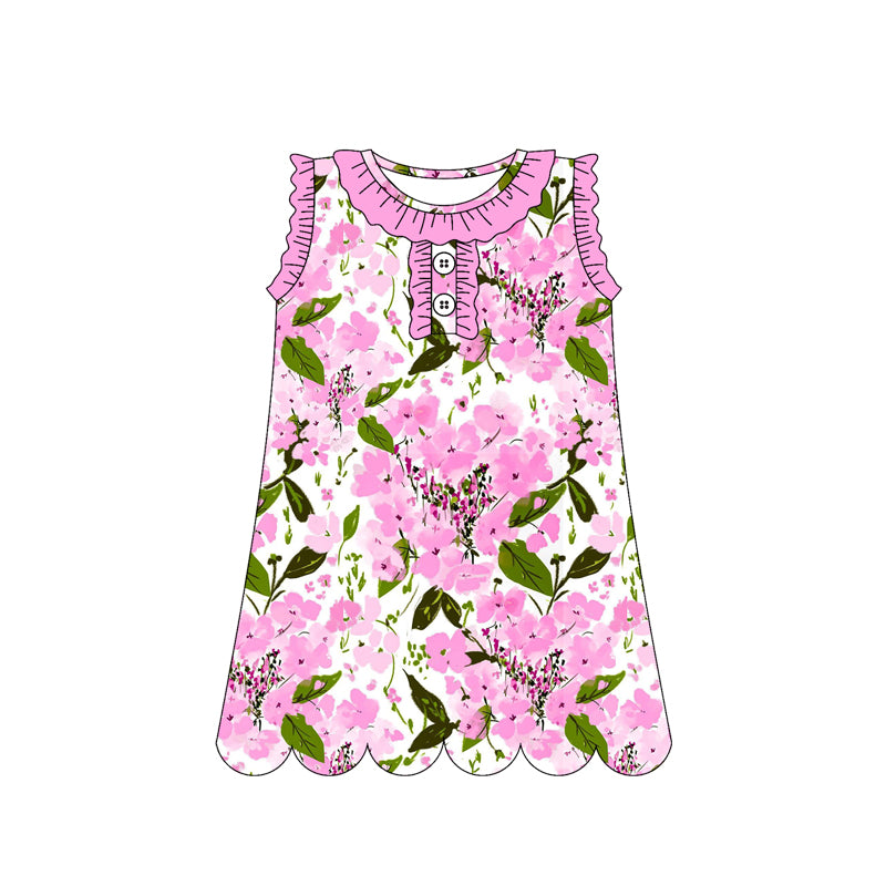 Baby Girls Sleeveless Colorful Flowers Button Knee Length Dresses Preorder