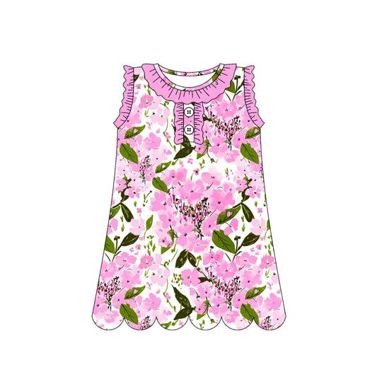 Baby Girls Sleeveless Colorful Flowers Button Knee Length Dresses Preorder