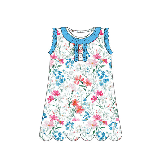 Baby Girls Sleeveless Colorful Flowers Button Knee Length Dresses Preorder