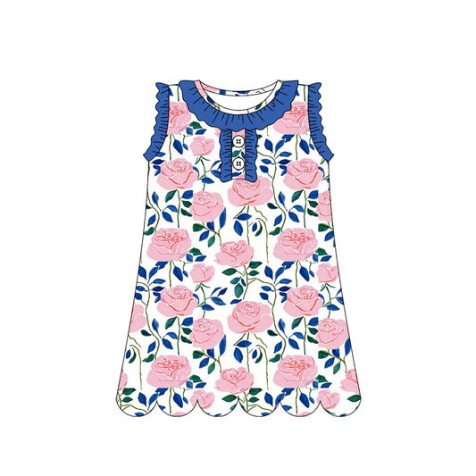 Baby Girls Sleeveless Colorful Flowers Button Knee Length Dresses Preorder