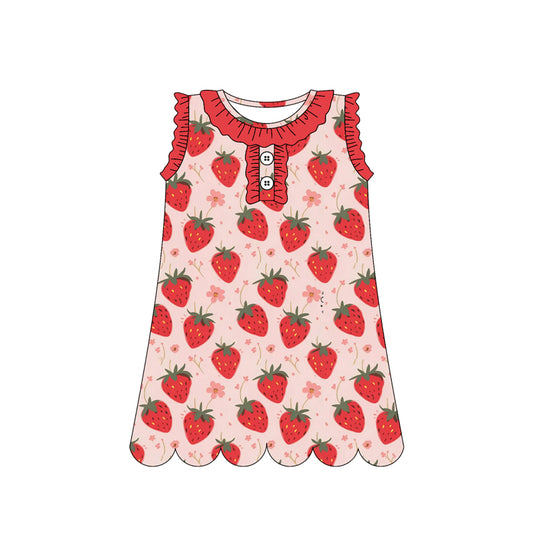 Baby Girls Sleeveless Strawberry Flowers Button Knee Length Dresses Preorder