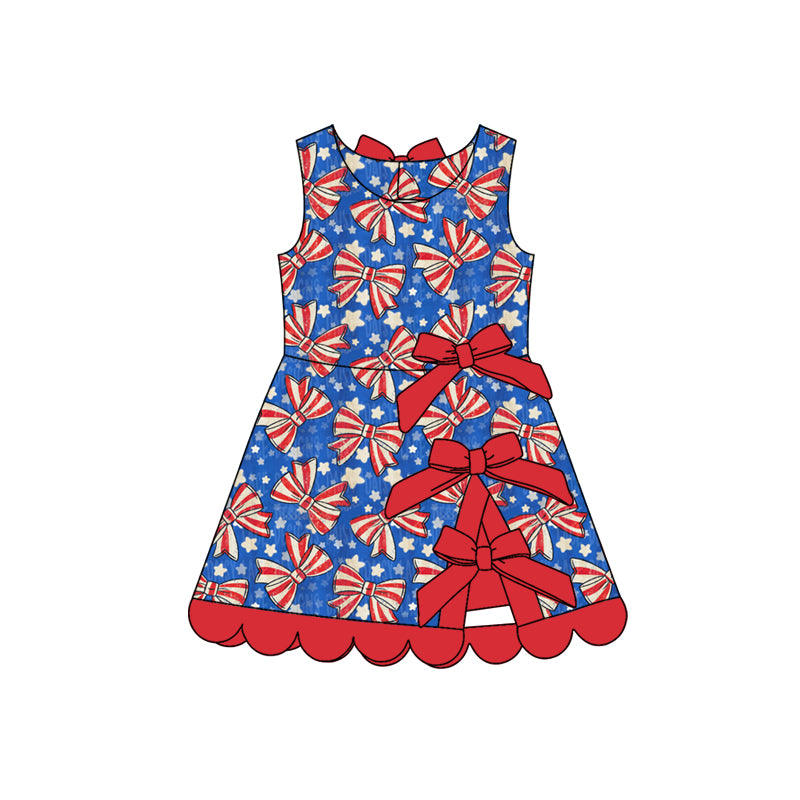 Baby Girls Flag Bows Stars 4th of July Yoga Active Scallop Short Knee Length Dress Preorder