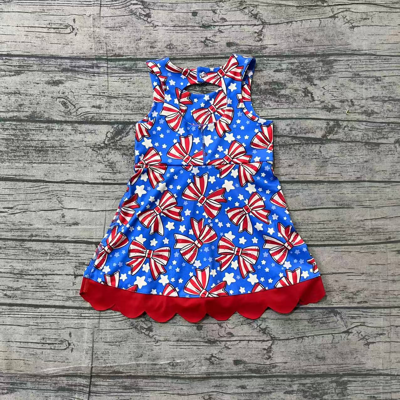 Baby Girls Flag Bows Stars 4th of July Yoga Active Scallop Short Knee Length Dress Preorder