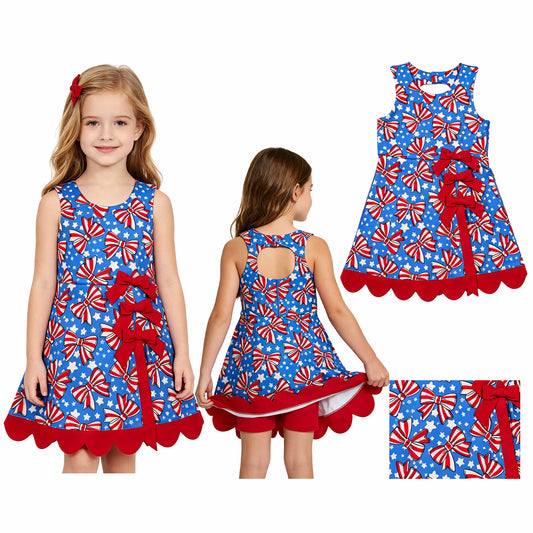 Baby Girls Flag Bows Stars 4th of July Yoga Active Short Scallop Knee Length Dress
