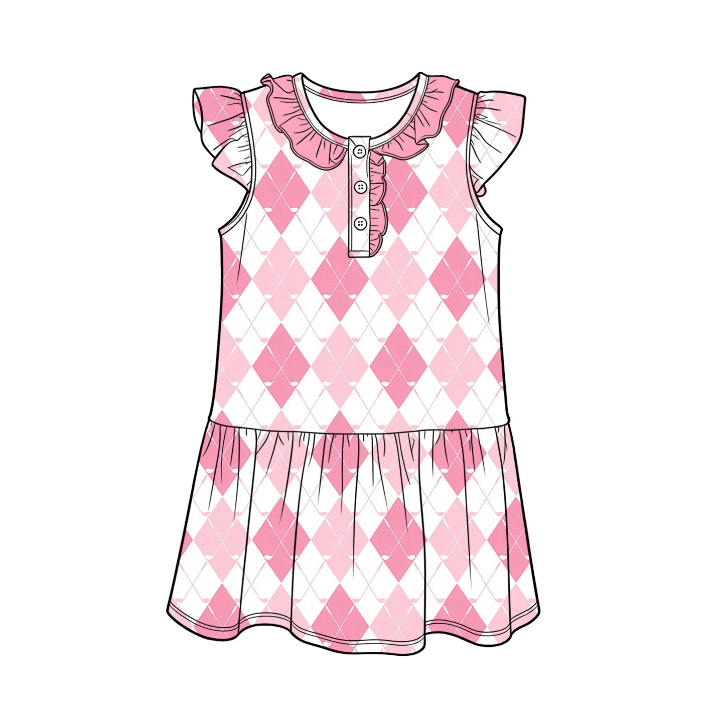 Baby Girls Flutter Sleeve Pink Golf Checked Button Knee Length Dresses Preorder
