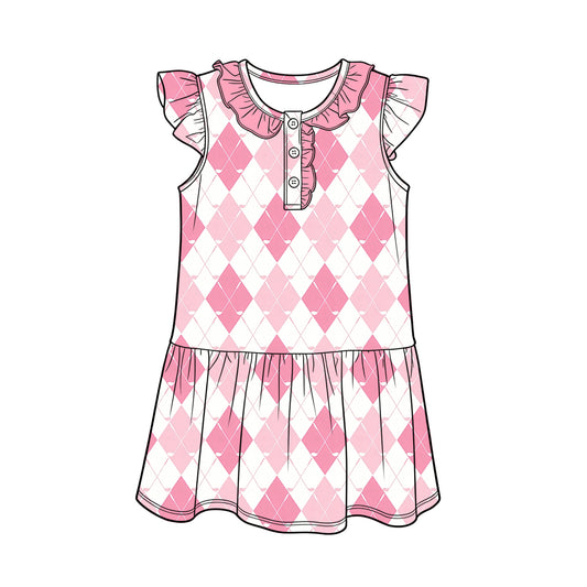 Baby Girls Flutter Sleeve Pink Golf Checked Button Knee Length Dresses Preorder