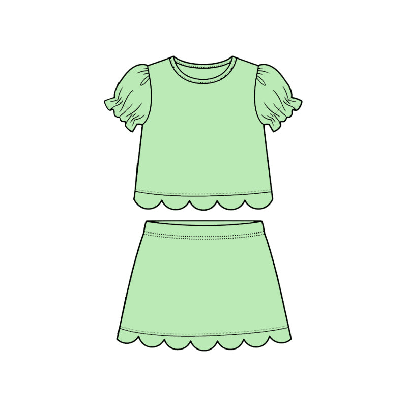 Baby Girls Light Green Short Ruffle Sleeve Top Skirt Short Scallop Clothes Sets Preorder