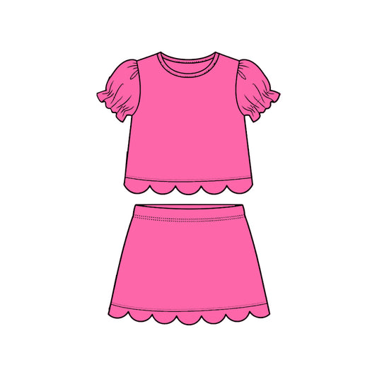Baby Girls Rose Red Short Ruffle Sleeve Top Skirt Short Scallop Clothes Sets Preorder
