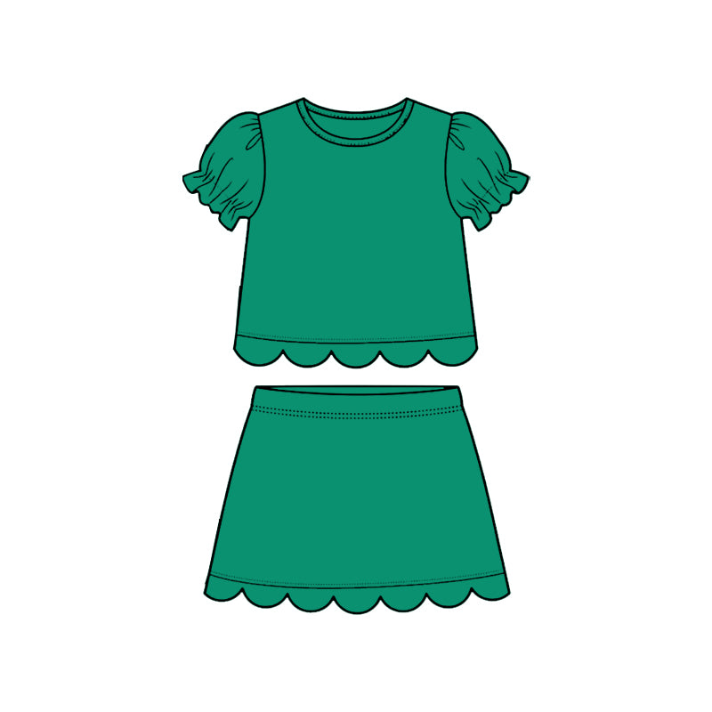 Baby Girls Green Short Ruffle Sleeve Top Skirt Short Scallop Clothes Sets Preorder