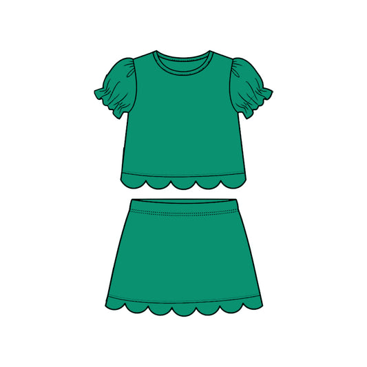 Baby Girls Green Short Ruffle Sleeve Top Skirt Short Scallop Clothes Sets Preorder