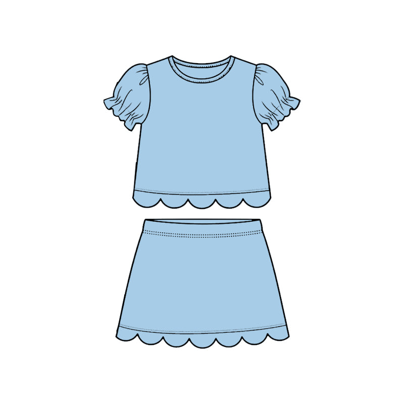 Baby Girls Blue Short Ruffle Sleeve Top Skirt Short Scallop Clothes Sets Preorder