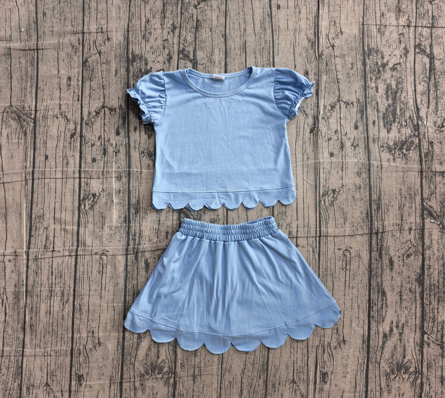 Baby Girls Blue Short Ruffle Sleeve Top Skirt Short Scallop Clothes Sets Preorder
