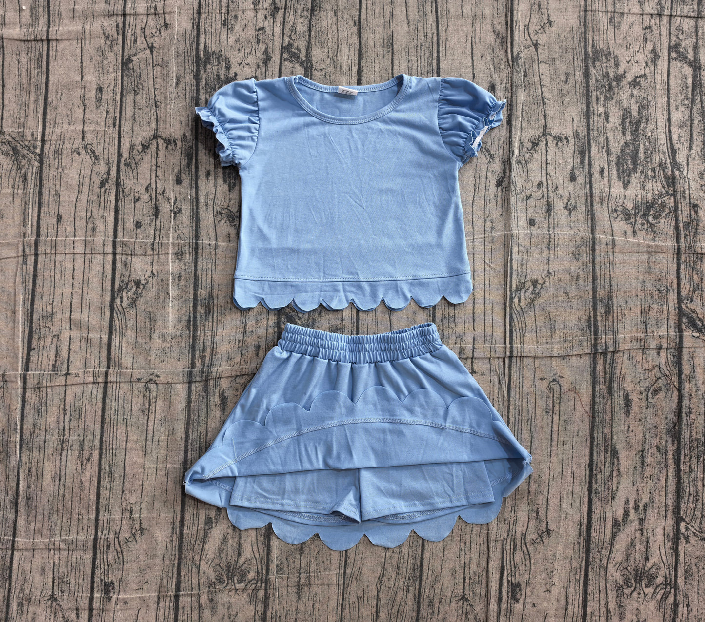 Baby Girls Blue Short Ruffle Sleeve Top Skirt Short Scallop Clothes Sets Preorder