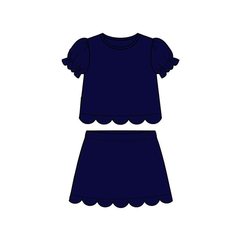 Baby Girls Navy Short Ruffle Sleeve Top Skirt Short Scallop Clothes Sets Preorder