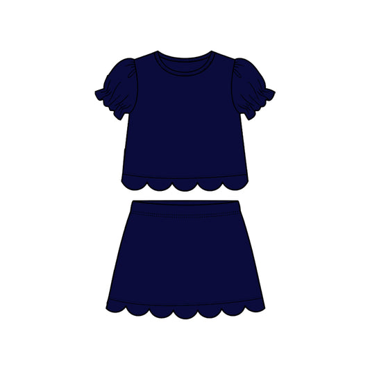 Baby Girls Navy Short Ruffle Sleeve Top Skirt Short Scallop Clothes Sets Preorder