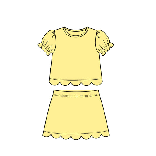 Baby Girls Yellow Short Ruffle Sleeve Top Skirt Short Scallop Clothes Sets Preorder