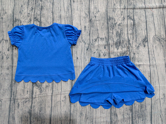 Baby Girls Hot Blue Short Ruffle Sleeve Top Skirt Short Scallop Clothes Sets Preorder