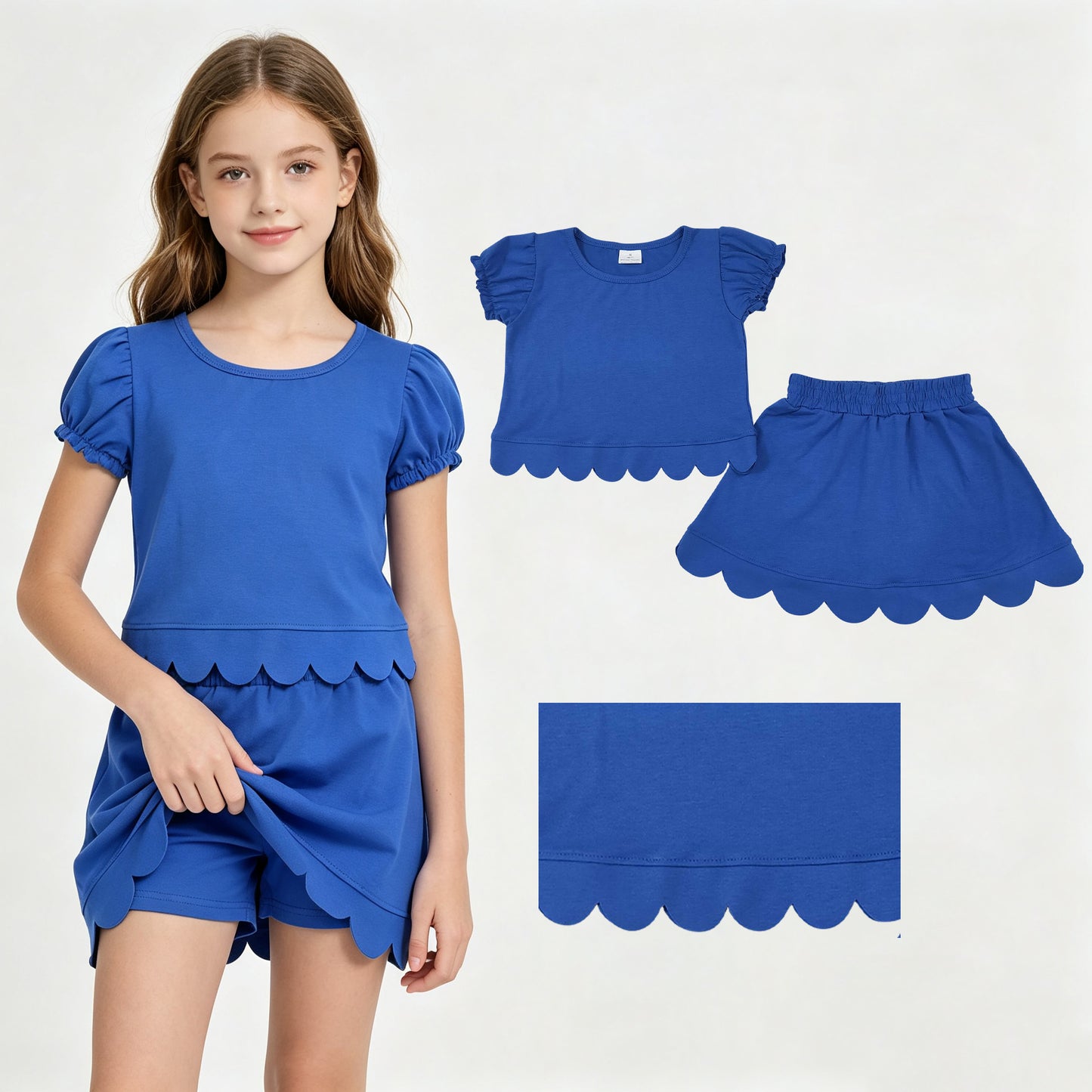 Baby Girls Hot Blue Lantern Sleeve Top Skirt Short Scallop Clothes Sets