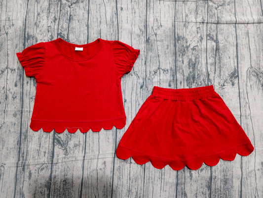 Baby Girls Red Short Ruffle Sleeve Top Skirt Short Scallop Clothes Sets Preorder