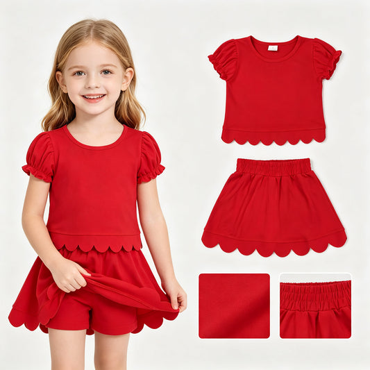Baby Girls Red Short Ruffle Sleeve Top Skirt Short Scallop Clothes Sets