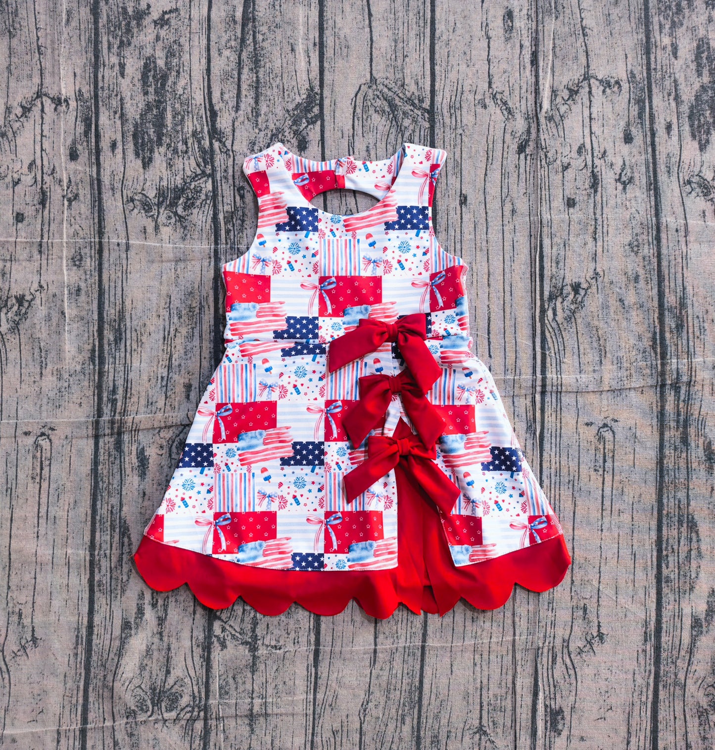 Baby Girls Bows Flags 4th of July Yoga Active Short Scallop Knee Length Dress