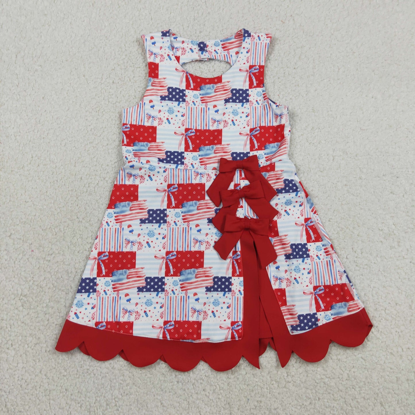 Sibling Baby Girls Bows Flags 4th of July Yoga Active  Scallop Short Knee Length Dresses