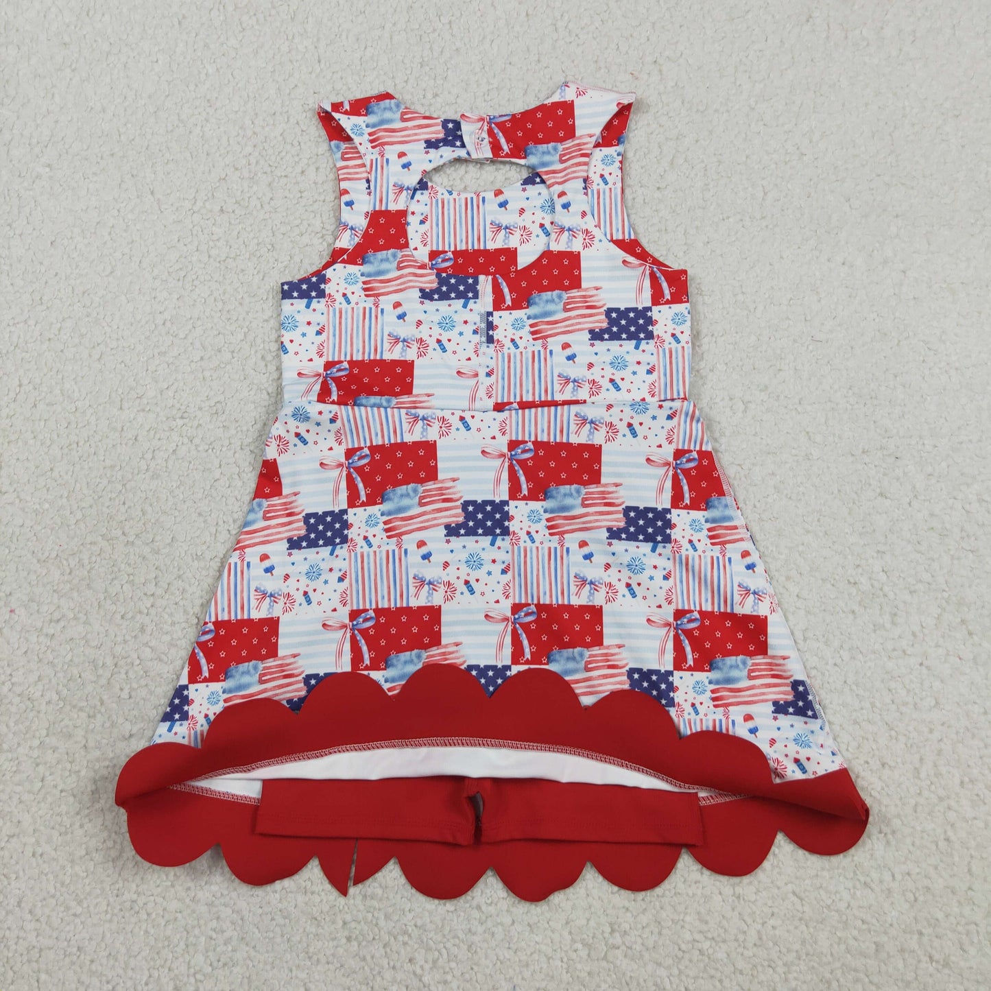 Sibling Baby Girls Bows Flags 4th of July Yoga Active  Scallop Short Knee Length Dresses