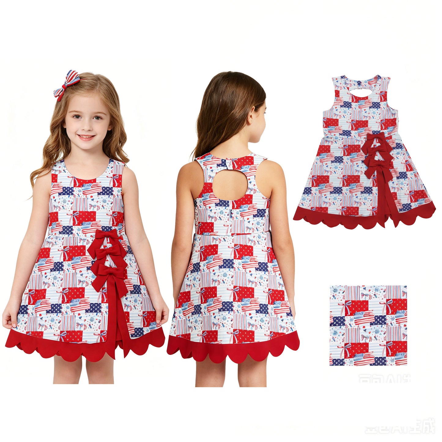 Baby Girls Bows Flags 4th of July Yoga Active Short Scallop Knee Length Dress