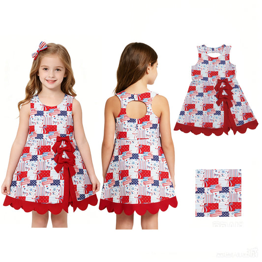 Baby Girls Bows Flags 4th of July Yoga Active Short Scallop Knee Length Dress