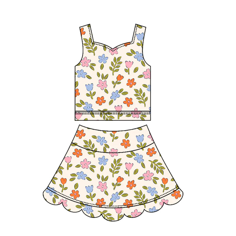 Baby Girls Strap Colorful Flowers Top Scallop Skirt Short Yoga Active Clothes Set Preorder