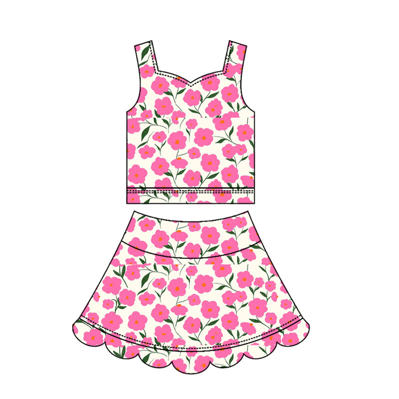 Baby Girls Strap Pink Flowers Top Scallop Skirt Short Yoga Active Clothes Set Preorder