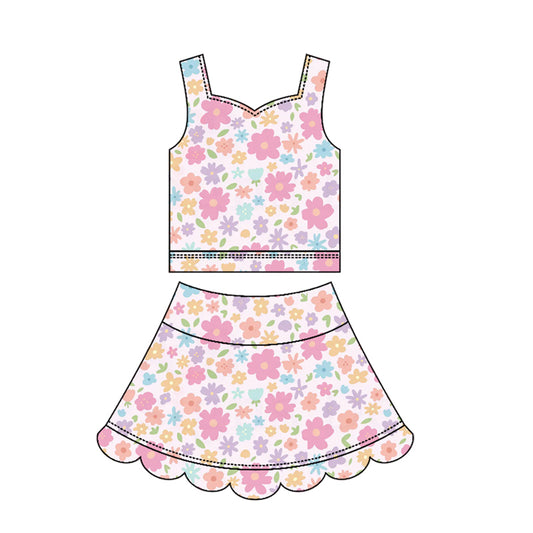 Baby Girls Strap Colorful Flowers Top Scallop Skirt Short Yoga Active Clothes Set Preorder