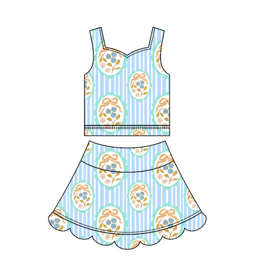 Baby Girls Flower Bows Stripe Top Scallop Skirt Short Yoga Active Clothes Set Preorder