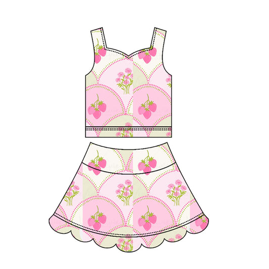 Baby Girls Flower Strawberry Top Scallop Skirt Short Yoga Active Clothes Set Preorder