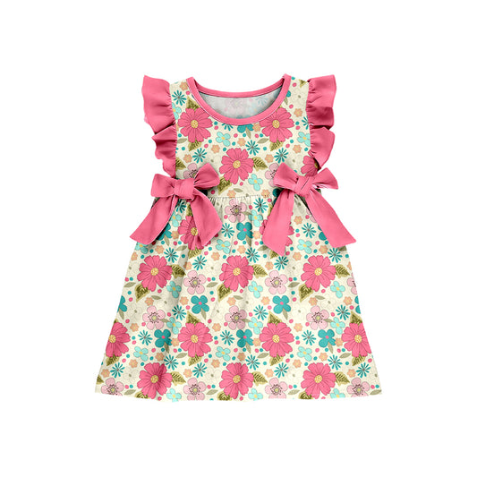 Baby Girls Flutter Sleeve Colorful Flowers Knee Length Dresses Preorder