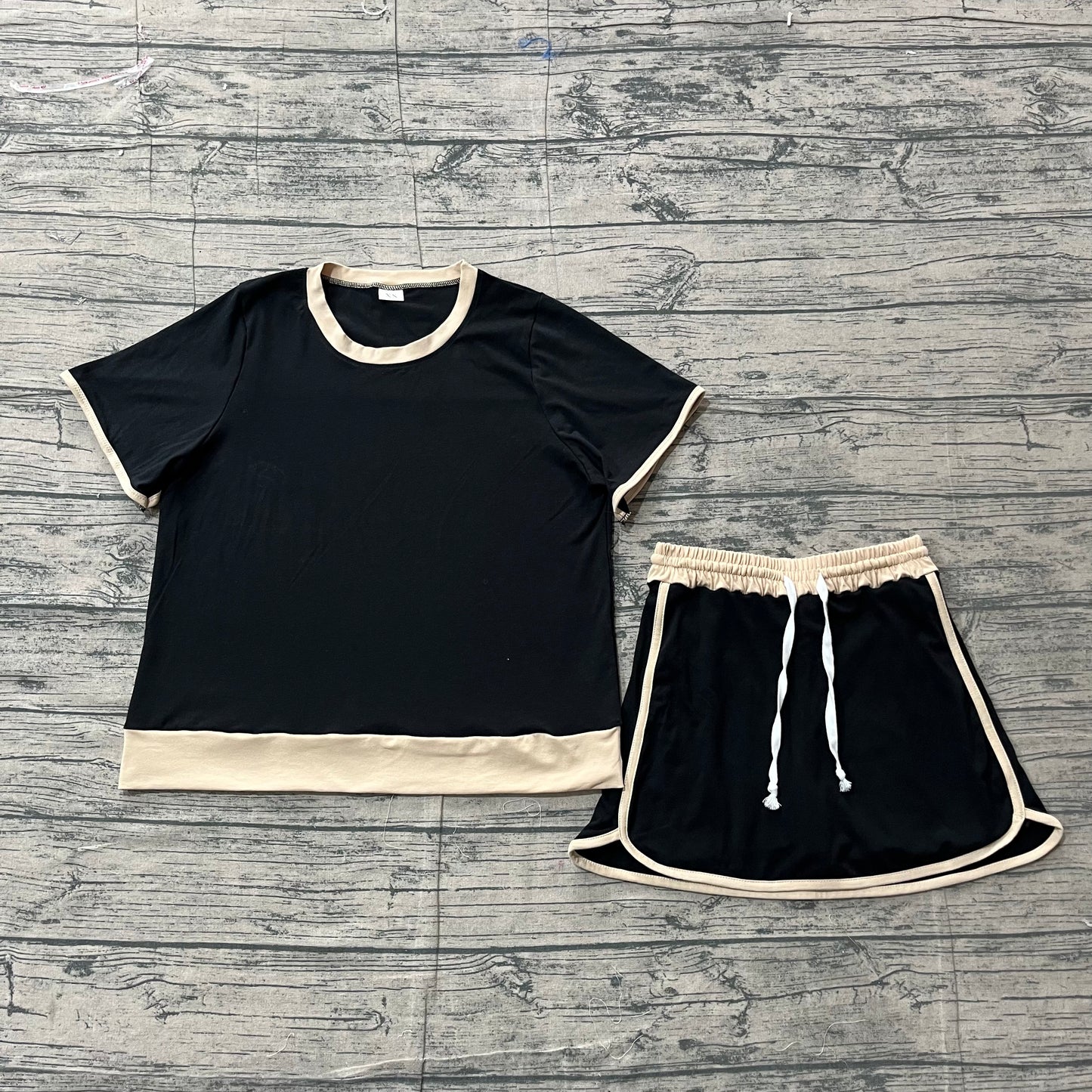 Adult Women Black Short Sleeve Shirt Top Skirt Shorts Clothes Set